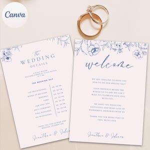 Editable Wedding Itinerary & Details Template – Blue Floral Line Art, Canva Wedding Welcome Bag Insert, Digital Download, Instant Access