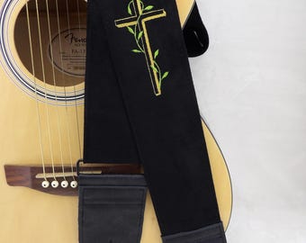 Golden Cross on Black 3-inch Bass/Guitar Strap