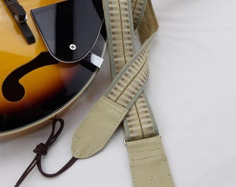 Mandolin/Guitar Strap: Pale Blue, Tan & Cream, Leather Ends