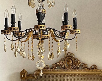SALE! Vintage 8 lights chandelier, black and gold trim crystal Swarovski drops chandelier
