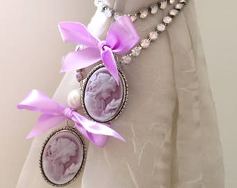 Rhinestones lilac cameos curtain tiebacks, lilac ribbon drapery holders - tie backs curtains - LAST PAIR!