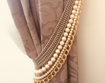 SET OF 2 Silver and gold tiebacks, decorative curtain holders, tie backs with gold and silver chains faux pearls, luxury home decor