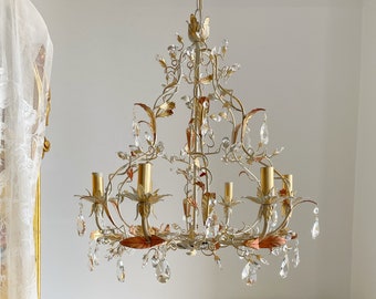 Gold leaf ivory and salmon pink birdcage crystal chandelier, 6 arms Asfour crystals