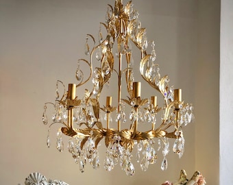 Gold leaf birdcage crystal chandelier, 6 arms Asfour crystals