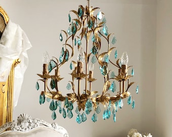 Made in Italy aqua crystal drops chandelier, gold leaf birdcage crystal chandelier, 6 lights