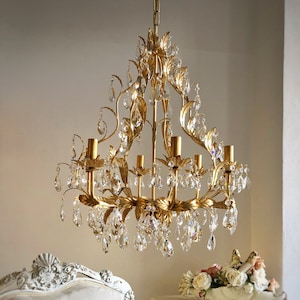 Lustre en forme de cage à oiseaux à la feuille d&#39;or, 6 branches en cristaux Asfour