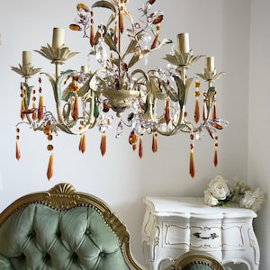 Made in Italy wrought iron chandelier ivory mauve and green crystal chandelier, 6 arms chandelier