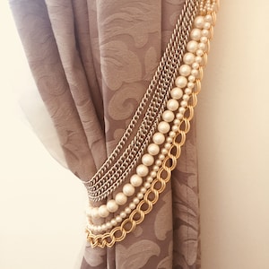 SET OF 2 Silver and gold tiebacks, decorative curtain holders, tie backs with gold and silver chains faux pearls, luxury home decor