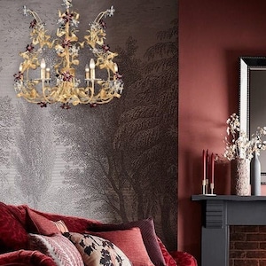 Gold leaf birdcage crystal chandelier, 6 arms with clear and garnet crystal flowers 27.55&quot; x 21.65&quot;