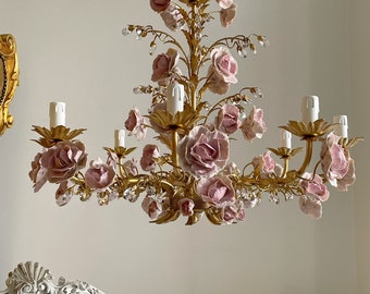 Made in Italy exclusive design hand forged wrought iron 8 lights gold leaf chandelier porcelain peonies and crystals
