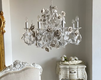 Italian hand forged wrought iron 8 lights white chandelier, ceramic roses