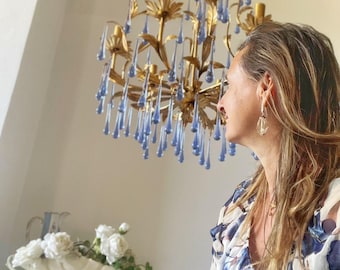 Made in Italy 24 kt Gold leaf birdcage chandelier with periwinkle blue Murano glass drops 6 lights