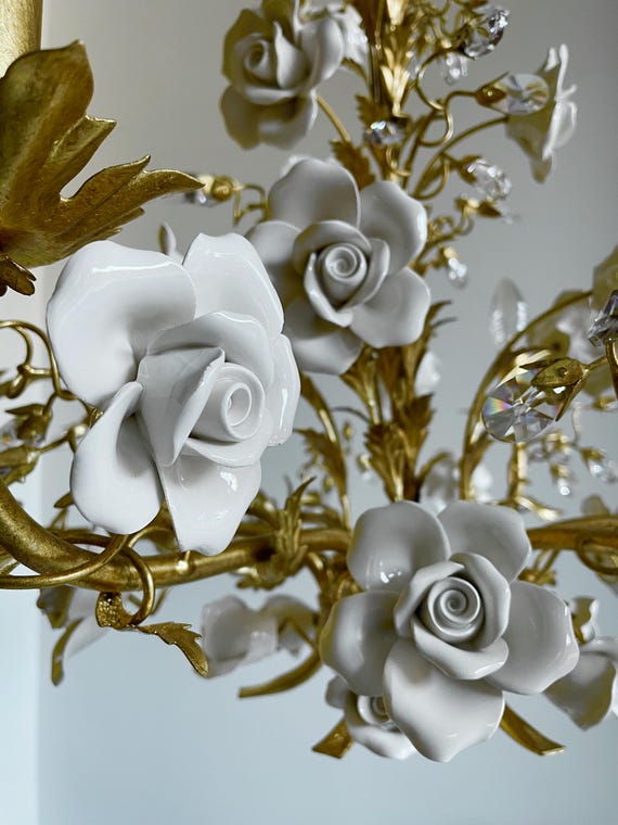 Capodimonte Style Ceramic White Roses Italian Hand Forged Wrought