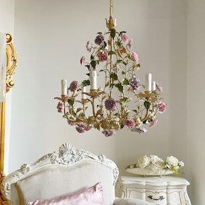 Replica of antique chandelier with porcelain flowers
