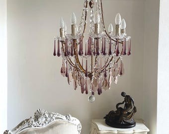 Vente superbe lustre antique italien rare de 9 lumières, lustre du début du siècle éclairage en cristal d'améthyste