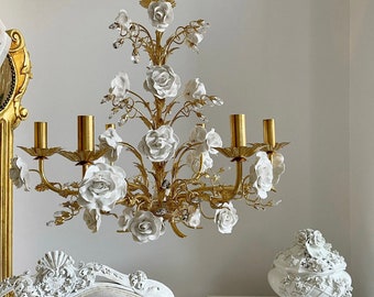 Capodimonte Porcelain  white roses Italian hand forged wrought iron 6 lights gold leaf chandelier with crystals