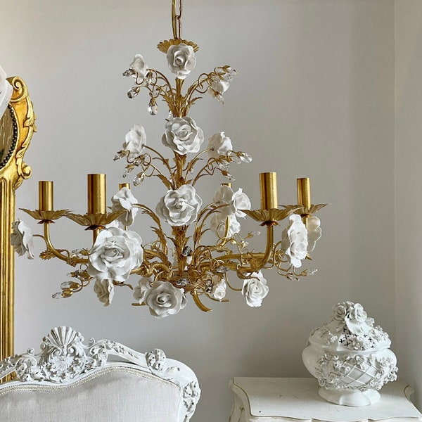 Capodimonte Porcelain  white roses Italian hand forged wrought iron 6 lights gold leaf chandelier with crystals