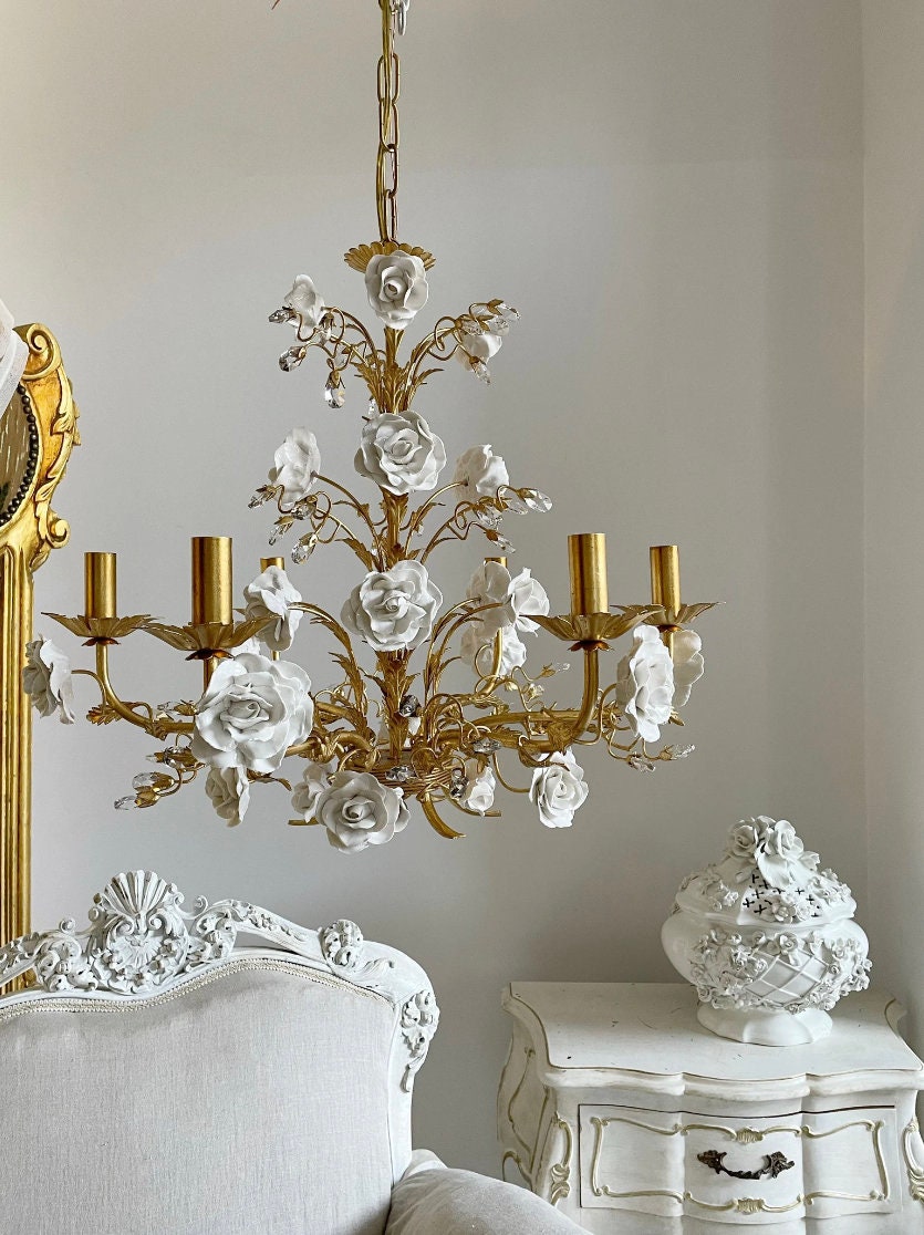Capodimonte Porcelain  white roses Italian hand forged wrought iron 6 lights gold leaf chandelier with crystals