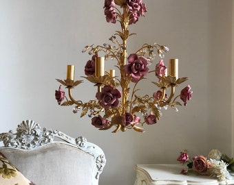 Italian hand forged wrought iron gold leaf chandelier, 5 lights pink ceramic roses