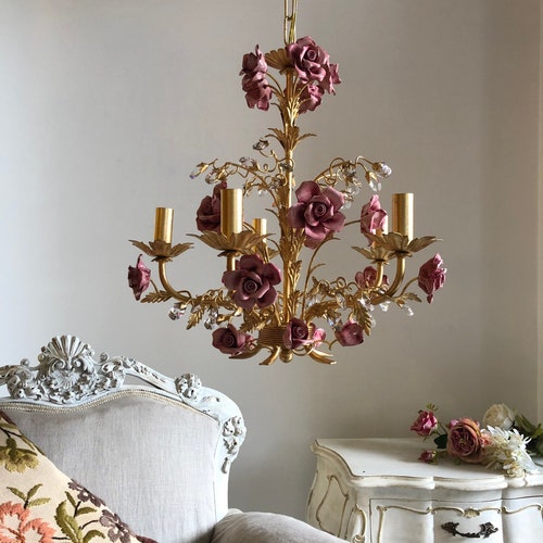 Italian Hand Forged Wrought Iron Gold Leaf Chandelier 5 Italian Hand Forged Wrought Iron Gold, Gold Chandelier With Pink Flowers Inside