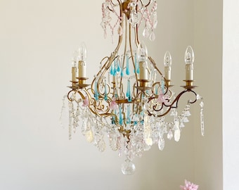 TODAY sale Rare 6 lights French chandelier, aqua Murano glass drops and pink glass campanulas