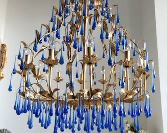 SALE Statement 12 lights chandelier gold leaf finish with sapphire blue Murano glass drops