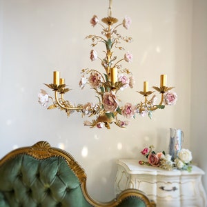 Porcelain peonies Italian hand forged wrought iron 6 lights gold leaf chandelier with crystals