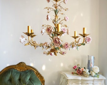 US wiring ready to ship Porcelain peonies Italian hand forged wrought iron 6 lights gold leaf chandelier with crystals
