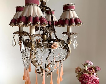 SALE Antique solid ornate brass chandelier, pink opaline glass drops and lampshades