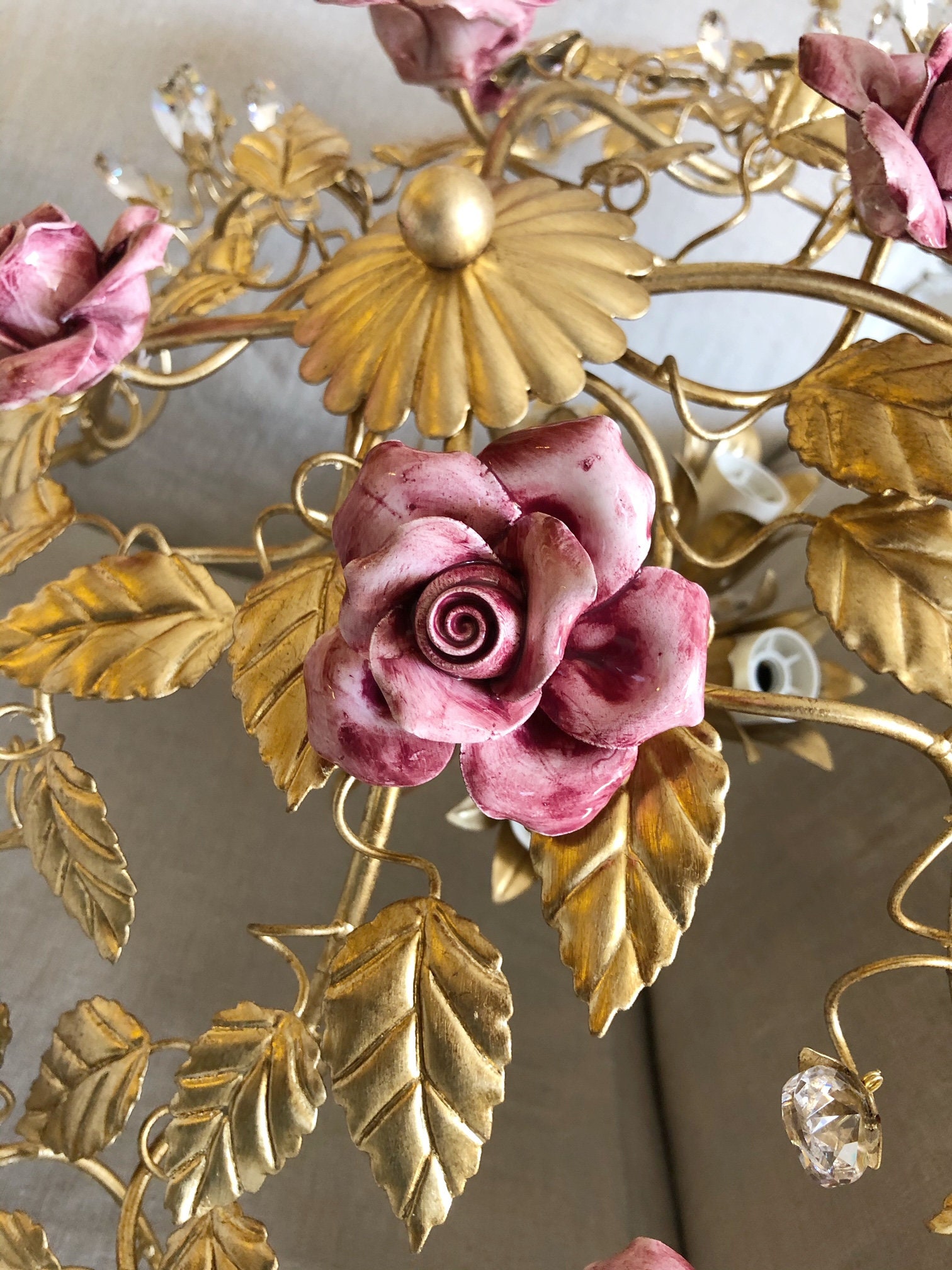 Gold Leaf Ceiling Lamp Ceramic Roses and Crystals 6 Lights - Etsy