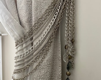 SET of 2 x Curtain tiebacks, antiqued bronze and silver chains- drapery holders with crystal pendants
