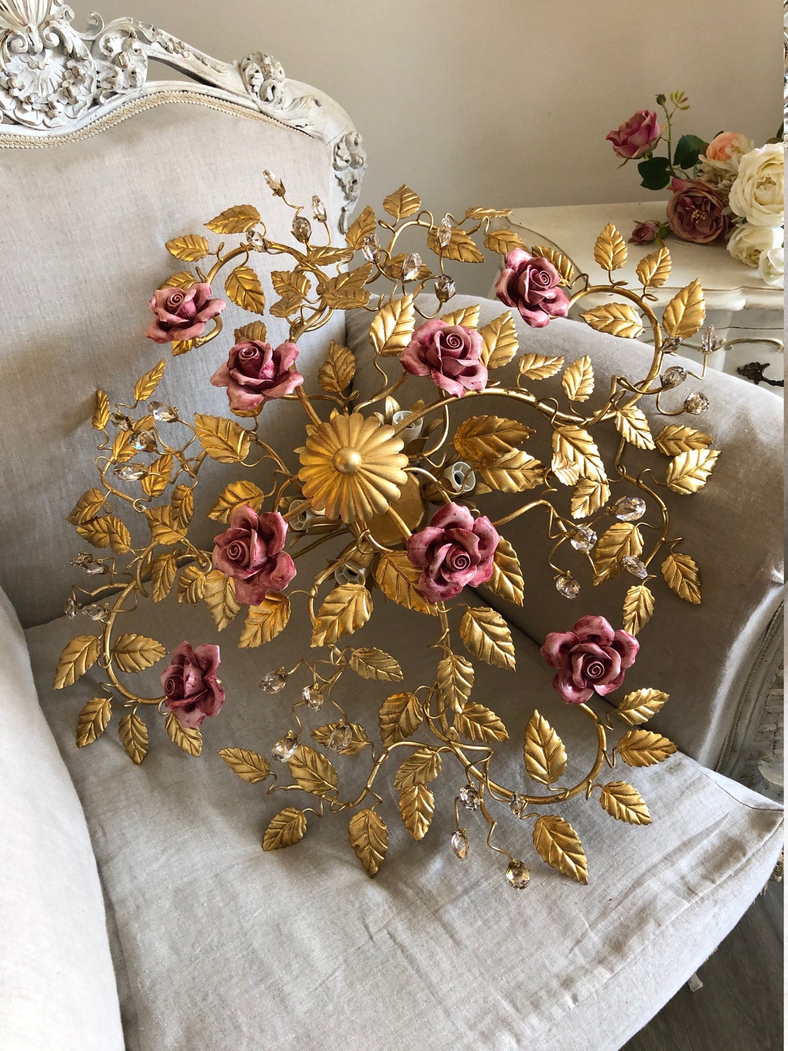 Gold Leaf Ceiling Lamp Ceramic Roses and Crystals 6 Lights - Etsy