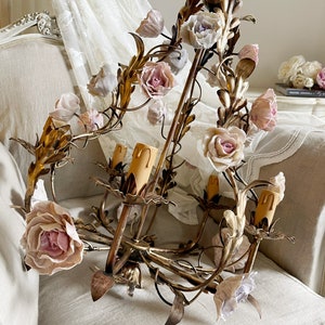 Gorgeous porcelain flowers wrought iron birdcage chandelier, 5 lights touches of gold