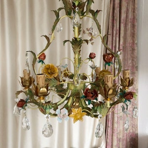 17" x 19" Italian wrought iron  floral chandelier gold leaf birdcage crystal chandelier, 6 arms