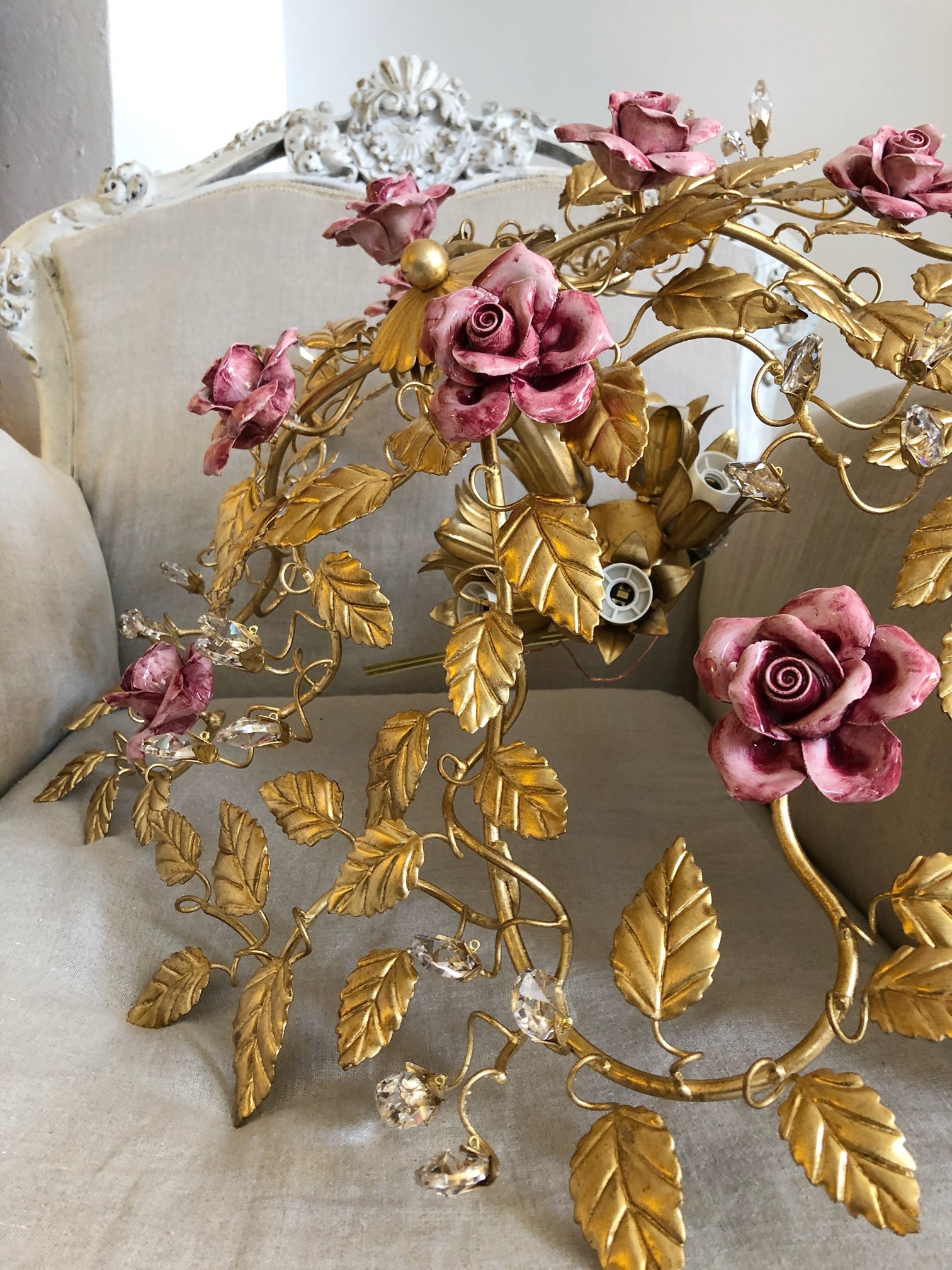 Gold leaf ceiling lamp ceramic roses and crystals 6 lights | Etsy