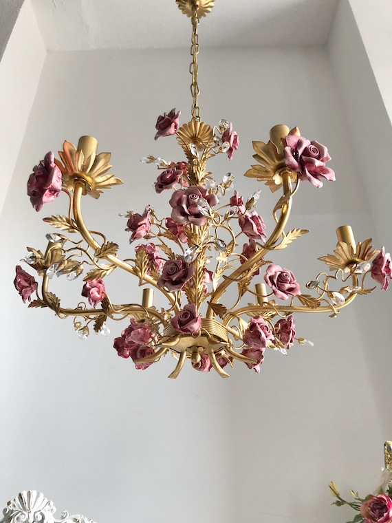 Italian Hand Forged Wrought Iron 6 Lights Gold Leaf Chandelier