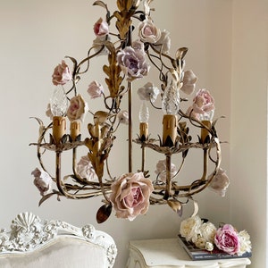 Gorgeous porcelain flowers wrought iron birdcage chandelier, 5 lights touches of gold