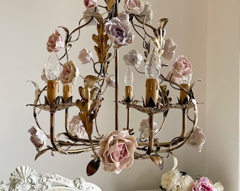 Gorgeous porcelain flowers wrought iron birdcage chandelier, 5 lights touches of gold