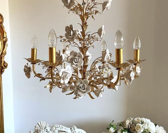 Capodimonte style ceramic  white roses Italian hand forged wrought iron 6 lights gold leaf chandelier with crystals