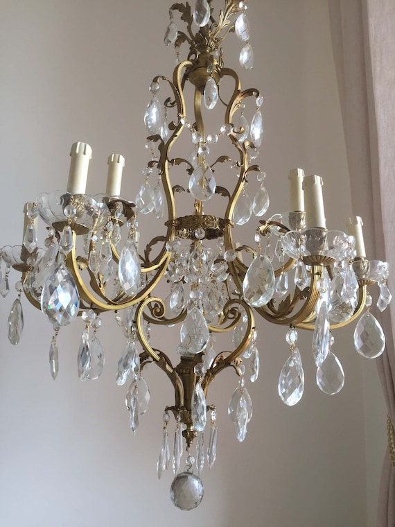 Vintage French Mid Century Brass Crystal Prisms Chandelier 5 Arm