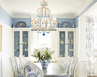 Beaded antiqued gold birdcage wrought iron chandelier Murano glass drops