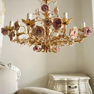 Italian hand forged wrought iron 8 lights gold leaf chandelier porcelain peonies and crystals