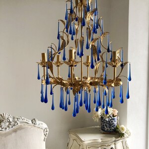Gold leaf birdcage chandelier with blue Murano glass drops 6 lights