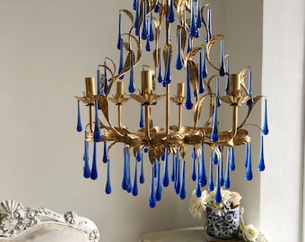 Gold leaf birdcage chandelier with blue Murano glass drops 6 lights