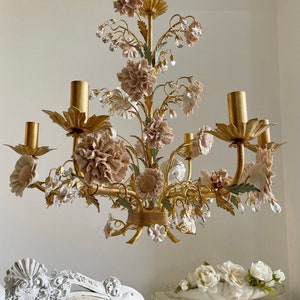 Gold leaf 6 lights chandelier with crystals and porcelain sunflowers