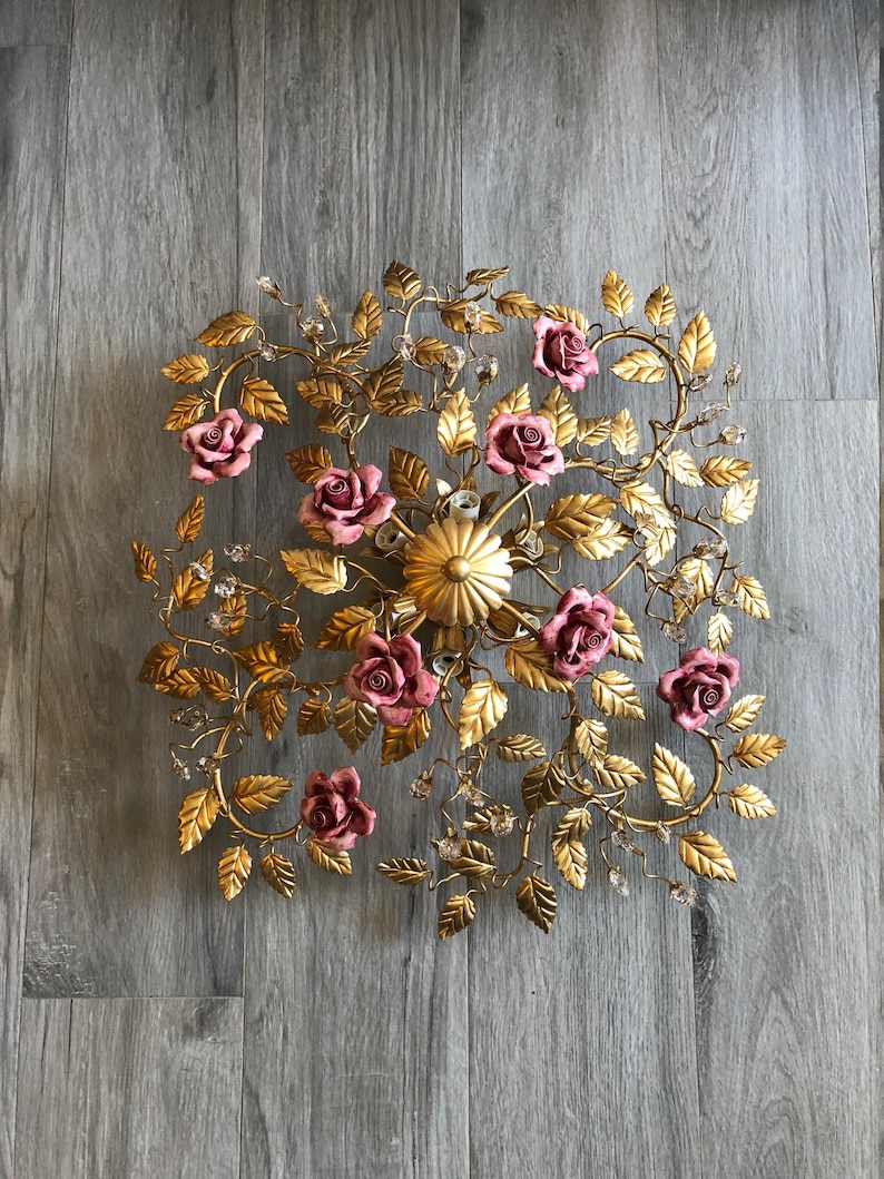 Gold Leaf Ceiling Lamp Ceramic Roses and Crystals 6 Lights - Etsy