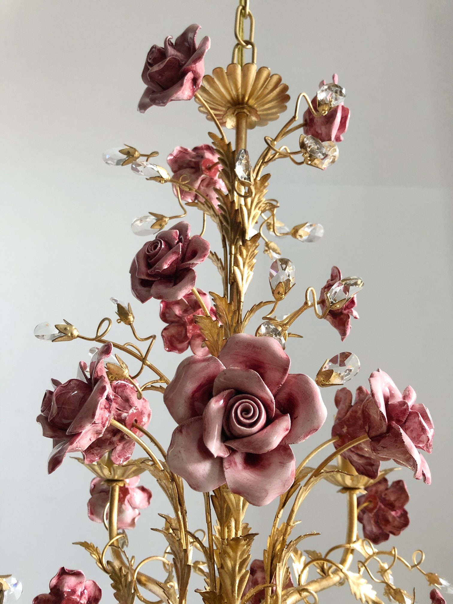 Italian Hand Forged Wrought Iron 6 Lights Gold Leaf Chandelier