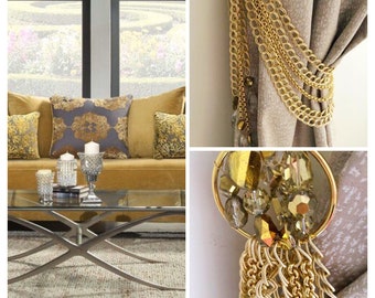 SET of 2 x Luxury multistrand gold chains tiebacks with crystal drops