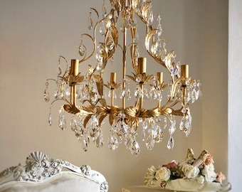Gold leaf birdcage crystal chandelier, 6 arms Asfour crystals