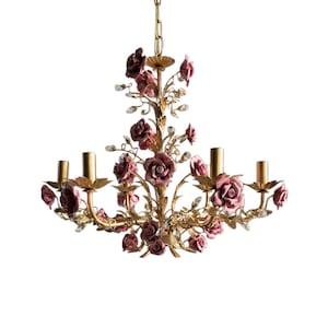 Italian hand forged wrought iron 6 lights gold leaf chandelier, pink ceramic roses